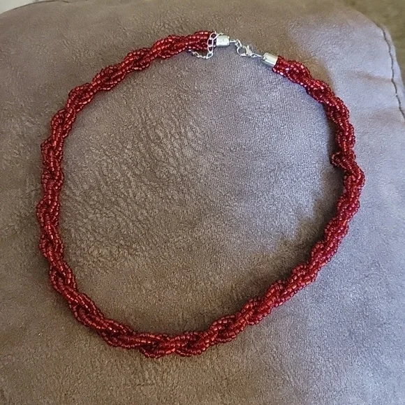 VTG Red Glass Beaded Twisted Braided Bayadere Necklace - Picture 2 of 5